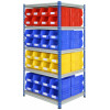 double sided shelving with plastic storage bins