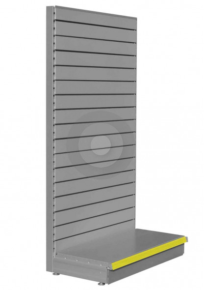 SWSF Silver shelving end bay with slatwall back panels