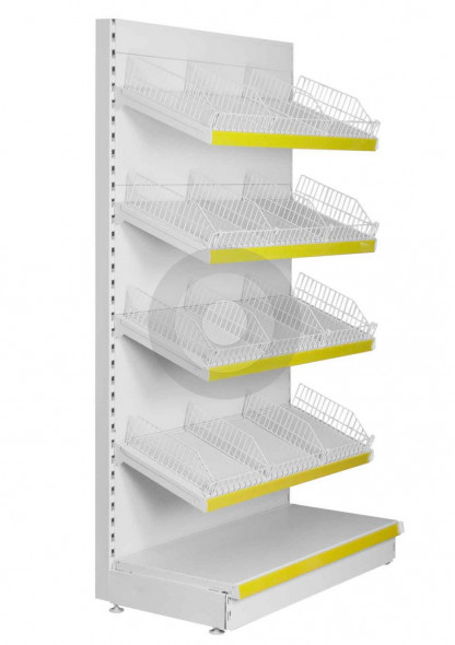 Shop shelving with wire risers and dividers on the upper shelves
