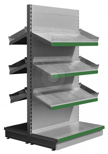 Silver gondola shelving with plastic risers and dividers and green epos