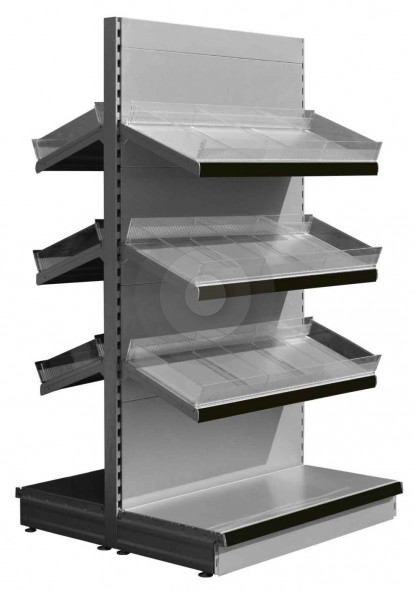 RAL9006 gondola shelving with plastic risers and dividers