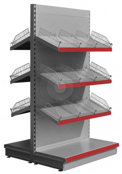 RAL9006 Silver low gondola shelving with wire risers and dividers