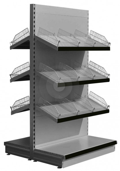 Silver gondola shelving with wire risers and dividers and 6 sloping upper shelves