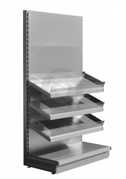 Silver confectionery shelving unit with shelves and peg panels