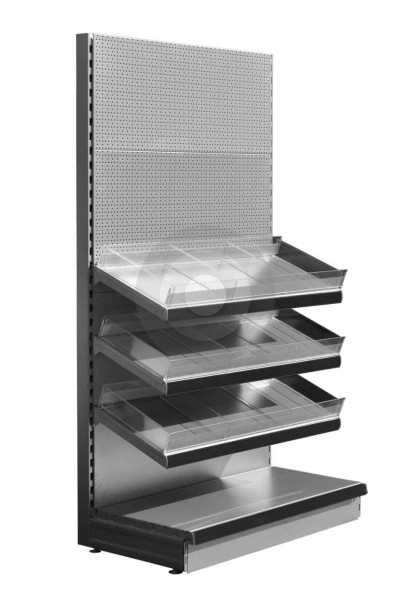 Silver confectionery shelving with tilting shelves and pegboard