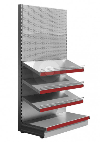 Silver stationery shelving unit has 3 upper shelves and pegboard back panels