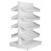 tall deep gondola shelving with plastic risers and dividers