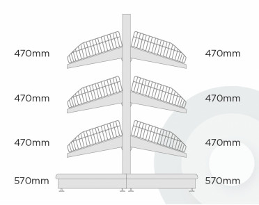 deep low gondola shelving with wire risers and dividers diagram