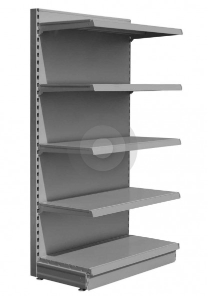 Silver shelving end bay with 4 upper shelves