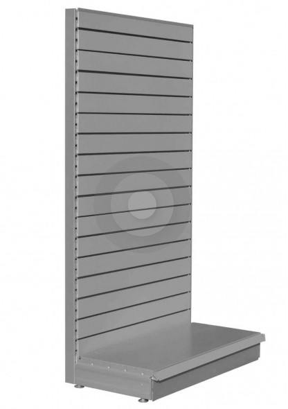 Silver shelving end bay with slatwall back panels for slatwall hooks