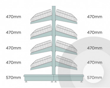 silver tall deep gondola shelving with wire risers and dividers diagram