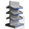 silver deep low gondola shelving with plastic risers and dividers