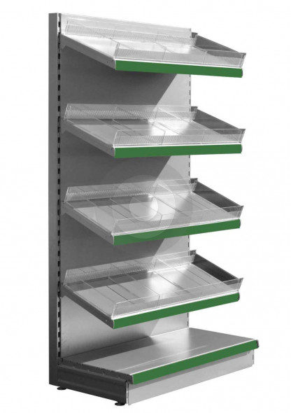 Silver retail shelving with plastic toothed risers and plain dividers