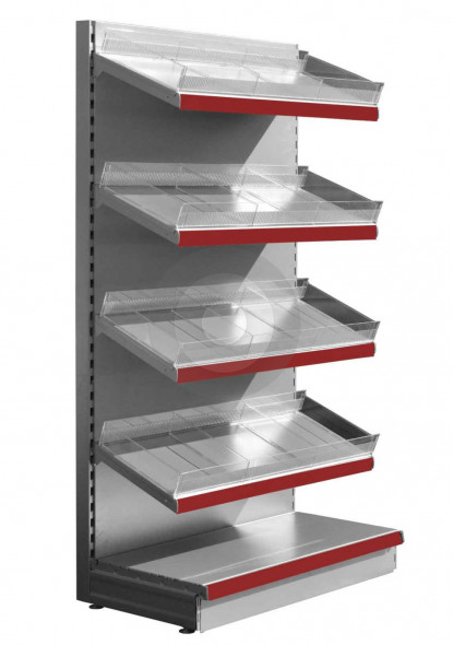 silver supermarket shelving with plastic risers and dividers