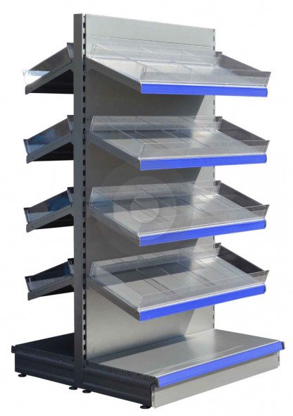RAL9006 Silver tall gondola shelving with plastic toothed risers and plain dividers