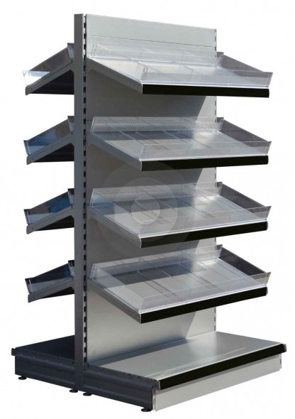 Silver tall gondola shelving with plastic toothed risers and plain dividers with black epos
