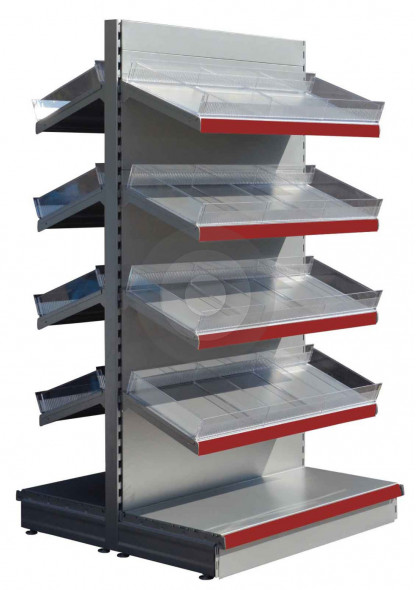 silver gondola shelving with red epos and plastic risers and dividers