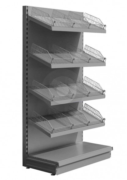 silver shelving bay with wire risers and dividers
