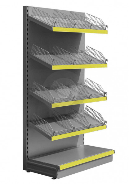 Silver wall shop shelving with wire risers and dividers