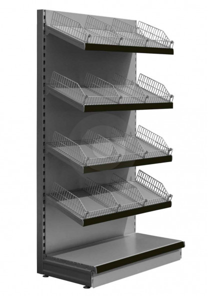 Silver wall shelving with wire risers and dividers and black epos strips