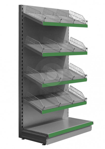 Silver wall retail shelving with wire risers and dividers