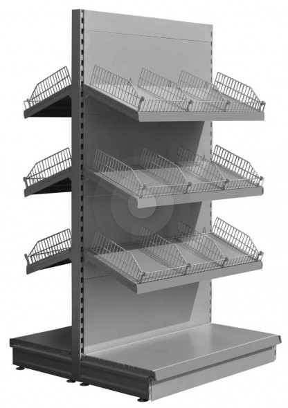RAL9006 low gondola shelving with wire risers and dividers