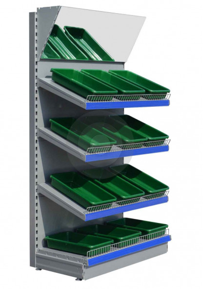 Silver retail shelving unit with mirror canopy and green trays
