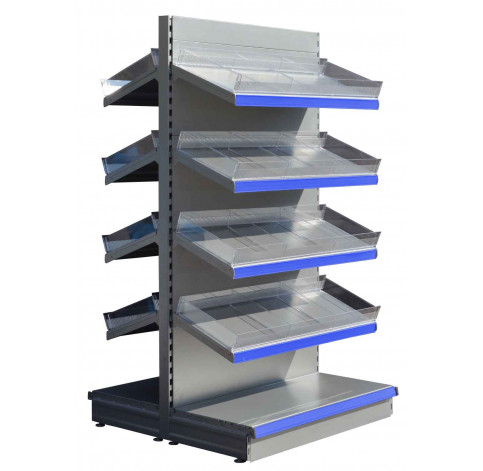 silver gondola shelving with plastic risers and dividers