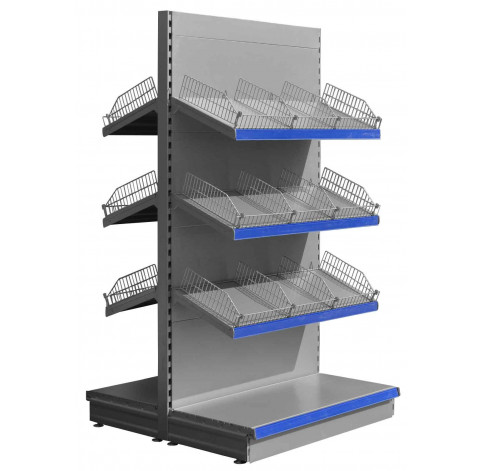 Silver low gondola shelving with wire risers and dividers